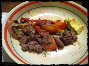 Dinner I almost finished before I remembered to take a pic: Chopped up sirloin, mixed veggies, avocado.